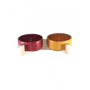 Ahşap Standlı Seramik Kedi Mama ve Su Kabı (Çiftli Tasarım)
