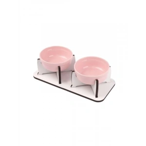 Ahşap Tabanlı Kaymaz Mama ve Su Kabı Seti (2li, Pembe Seramik)