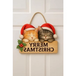 Ahşap Yılbaşı Kapı Süsü, Sevimli Kedili Tasarım (30x18 cm)