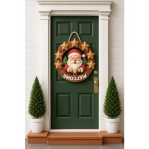 Ahşap Yuvarlak Yıldızlı Noel Kapı Süsü (23 cm)