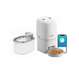 Akıllı Kedi Mama Kabı ve Su Sebili, İkili Set, Beyaz Renk