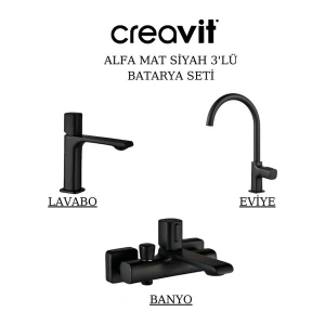 Alfa Mat Siyah Batarya Seti 3’lü Banyo-Lavabo-Eviye