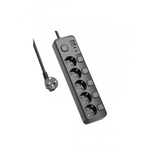 Anahtarlı Uzatma Kablosu, 5 Priz + 4 USB ile Enerji Tasarruflu