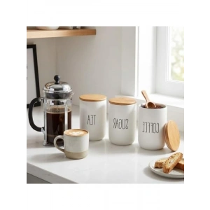 Bambu Kapaklı Seramik Kavanoz Seti - 3lü