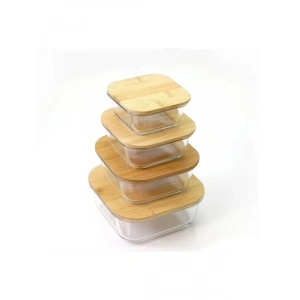 Bambu Kapaklı Vakumlu Cam Saklama Kabı Seti - Hava Geçirmez