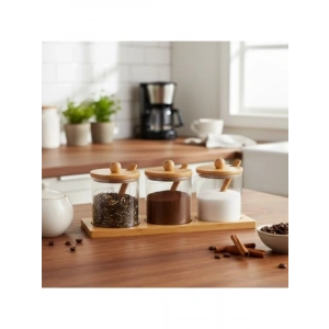 Bambu Standlı 3lü Cam Baharatlık Seti