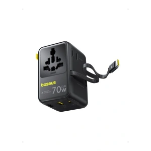 Baseus Enercore CG11 Super Hızlı Universal Seyahat Adaptörü Çekmeli Kablolu 2AC+2U+2C 70W Siyah