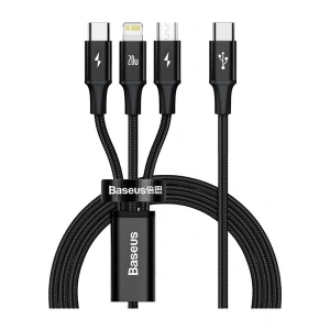Baseus Rapid – 3’ü 1 Arada 20W Hızlı Şarj Kablosu 1.5 m (USB-C / Lightning / Micro USB) - Siyah