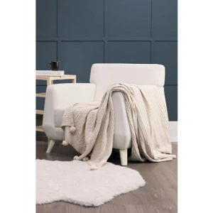 Bej Renk Triko Ponponlu Örgü TV Battaniyesi