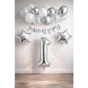 Beyaz Gümüş Konsept Doğum Günü Kutlama Seti, 1 Yaş için Balon ve Banner