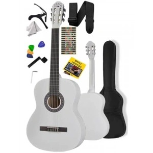 Beyaz klasik gitar, 4/4 boyut, sap ayarlı tam set