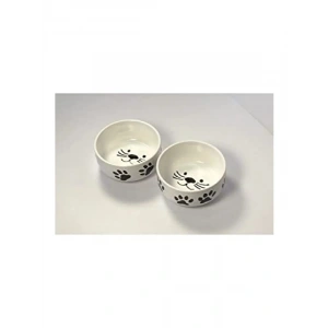 Beyaz Seramik Kedi Mama ve Su Kabı Seti - 2li