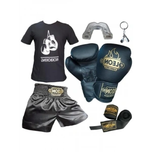 Boks Eldiveni, Leon Kick Boks Şortu, Tişört, Bandaj, Dişlik Seti Siyah (Siyah, XL)