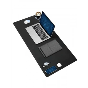 Büyük Boy PU Deri Mouse Pad - Dikişli Kenar - Çift Yönlü Kullanım (Siyah, 90x40 cm)