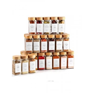 Cam Baharatlık Seti - 12 Adet, Bambu Kapaklı, Etiketli