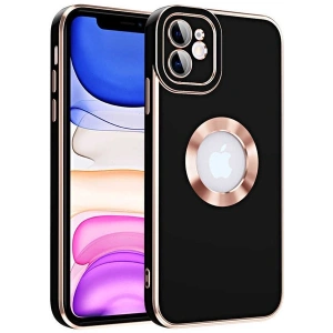 Case 4U Apple iPhone 12 Kılıf Kamera Korumalı Parlak Kenarlı Altın Işlemeli Renkli Logo Gösteren Kongo Kapak Siyah