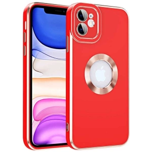 Case 4U Apple iPhone 12 Kılıf Kamera Korumalı Parlak Kenarlı Altın Işlemeli Renkli Logo Gösteren Kongo Kapak Kırmızı
