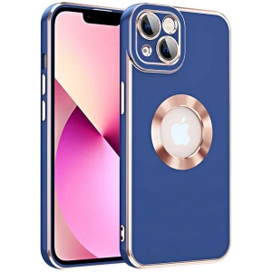 Case 4U Apple iPhone 14 Kılıf Kamera Korumalı Parlak Kenarlı Altın Işlemeli Renkli Logo Gösteren Kongo Kapak Lacivert