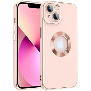 Case 4U Apple iPhone 14 Kılıf Kamera Korumalı Parlak Kenarlı Altın Işlemeli Renkli Logo Gösteren Kongo Kapak Rose Gold