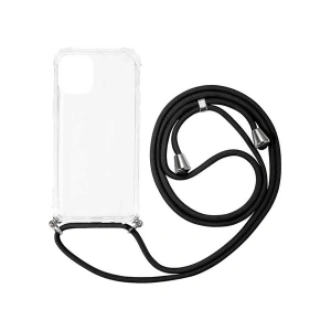Case 4U Apple iPhone 14 Plus Kılıf Boyun Askılı ipli Köşe Korumalı Şeffaf Silikon X-Rop Kapak Siyah