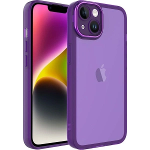 Case 4U Apple iPhone 14 Plus Kılıf Kamera Korumalı Parlak Tasarımlı Renkli Darbe Emici Transparan Post Kapak Derin Mor
