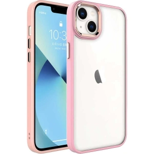 Case 4U Apple iPhone 14 Plus Kılıf Renkli Kenar Metal Kamera Çerçeveli Krom Arka Kapak Açık Pembe