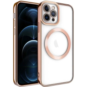Case 4U iPhone 12 Pro Max Kılıf Magsafe Wireless Şarj Destekli Kamera Korumalı Şeffaf Kenarları Renkli Setro Kapak Rose Gold