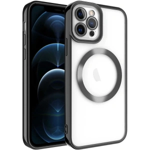 Case 4U iPhone 12 Pro Max Kılıf Magsafe Wireless Şarj Destekli Kamera Korumalı Şeffaf Kenarları Renkli Setro Kapak Siyah