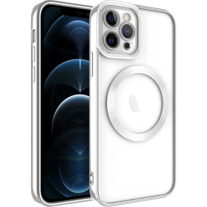 Case 4U iPhone 12 Pro Max Kılıf Magsafe Wireless Şarj Destekli Kamera Korumalı Şeffaf Kenarları Renkli Setro Kapak Gümüş