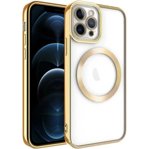 Case 4U iPhone 12 Pro Max Kılıf Magsafe Wireless Şarj Destekli Kamera Korumalı Şeffaf Kenarları Renkli Setro Kapak Altın