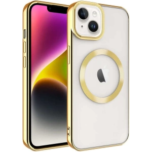 Case 4U iPhone 14 Kılıf Magsafe Wireless Şarj Destekli Kamera Korumalı Şeffaf Kenarları Renkli Setro Kapak Altın
