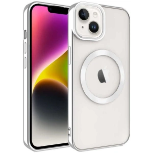 Case 4U iPhone 14 Plus Kılıf Magsafe Wireless Şarj Destekli Kamera Korumalı Şeffaf Kenarları Renkli Setro Kapak Gümüş