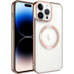 Case 4U iPhone 14 Pro Kılıf Magsafe Wireless Şarj Destekli Kamera Korumalı Şeffaf Kenarları Renkli Setro Kapak Rose Gold