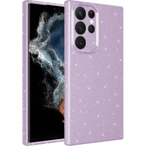 Case 4U Samsung Galaxy S22 Ultra Kılıf Kamera Korumalı Simli Lüks Koton Kapak Lila