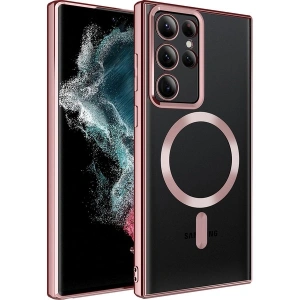 Case 4U Samsung Galaxy S22 Ultra Uyumlu Kılıf Magsafe Wireless Şarj Destekli Kamera Korumalı Şeffaf Kenarları Renkli Setro Kapak Rose Gold