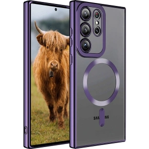 Case 4U Samsung Galaxy S23 Ultra Uyumlu Kılıf Magsafe Wireless Şarj Destekli Kamera Korumalı Şeffaf Kenarları Renkli Setro Kapak Mor