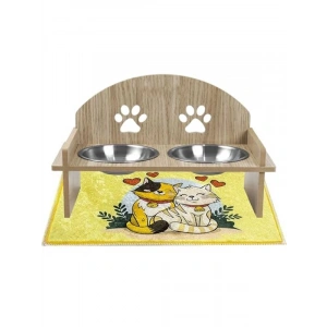 Çift Hazneli Ahşap Kedi Mama ve Su Kabı, Paspas ile