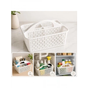 Çok Amaçlı 3 Bölmeli Kulplu Organizer Sepet, Beyaz Plastik