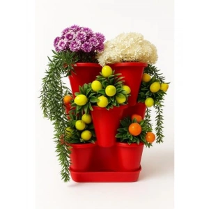 Dekoratif 3 Katlı Saksı Seti, 26.5 x 26.5 cm Ölçülerinde, Kırmızı Renk