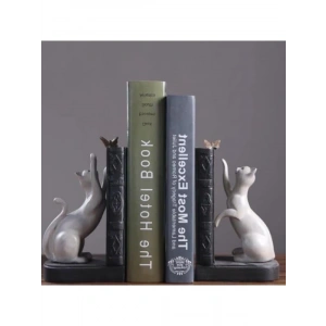 Dekoratif Kedi Figürlü İkili Kitap Tutucu – Beyaz Renk