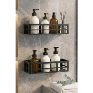 Delmeden Montaj Yapışkanlı Paslanmaz Duş Rafı Seti (2 Adet)