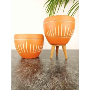Dik Çizgi Desenli Terrakota Toprak Saksı - İkili Set - 15 cm - Ayaksız