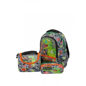 Dinazor Baskılı Erkek Çocuk Üçlü Okul Çanta Seti - Gri-Yeşil