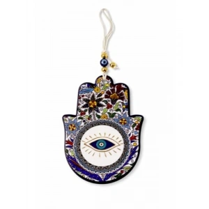 El Yapımı Seramik Nazar Boncuklu Fatma Eli Duvar Süsü (13 cm)