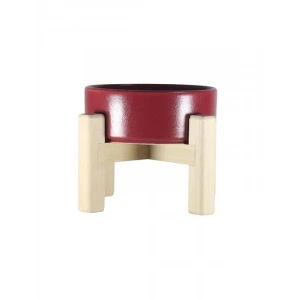 Ergonomik Tasarımlı Ahşap Standlı Seramik Mama ve Su Kabı, Kırmızı