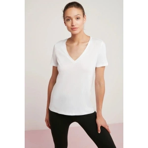 ETHIQUET Mabel Kadın 100% Pamuk V Yaka Yarım Kollu Örme Regular Fit Basıc Beyaz T-shirt