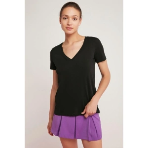 ETHIQUET Mabel Kadın 100% Pamuk V Yaka Yarım Kollu Örme Regular Fit Basıc Siyah T-shirt