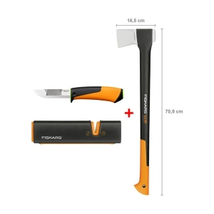 Fiskars Yarma Baltası L-X21 + Bileyicili Ağır İş Bıçağı + Balta ve Bıçak Bileyici