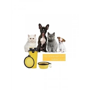FloriaShopping Katlanabilir Kaseli Yeni Seyahat Kedi, Köpek Mama ve Su Şişesi Sarı