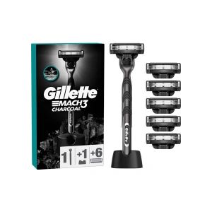 Gillette Mach3 Charcoal Tıraş Makinesi ve Yedek Bıçağı 6lı + Tıraş Bıçağı Standı